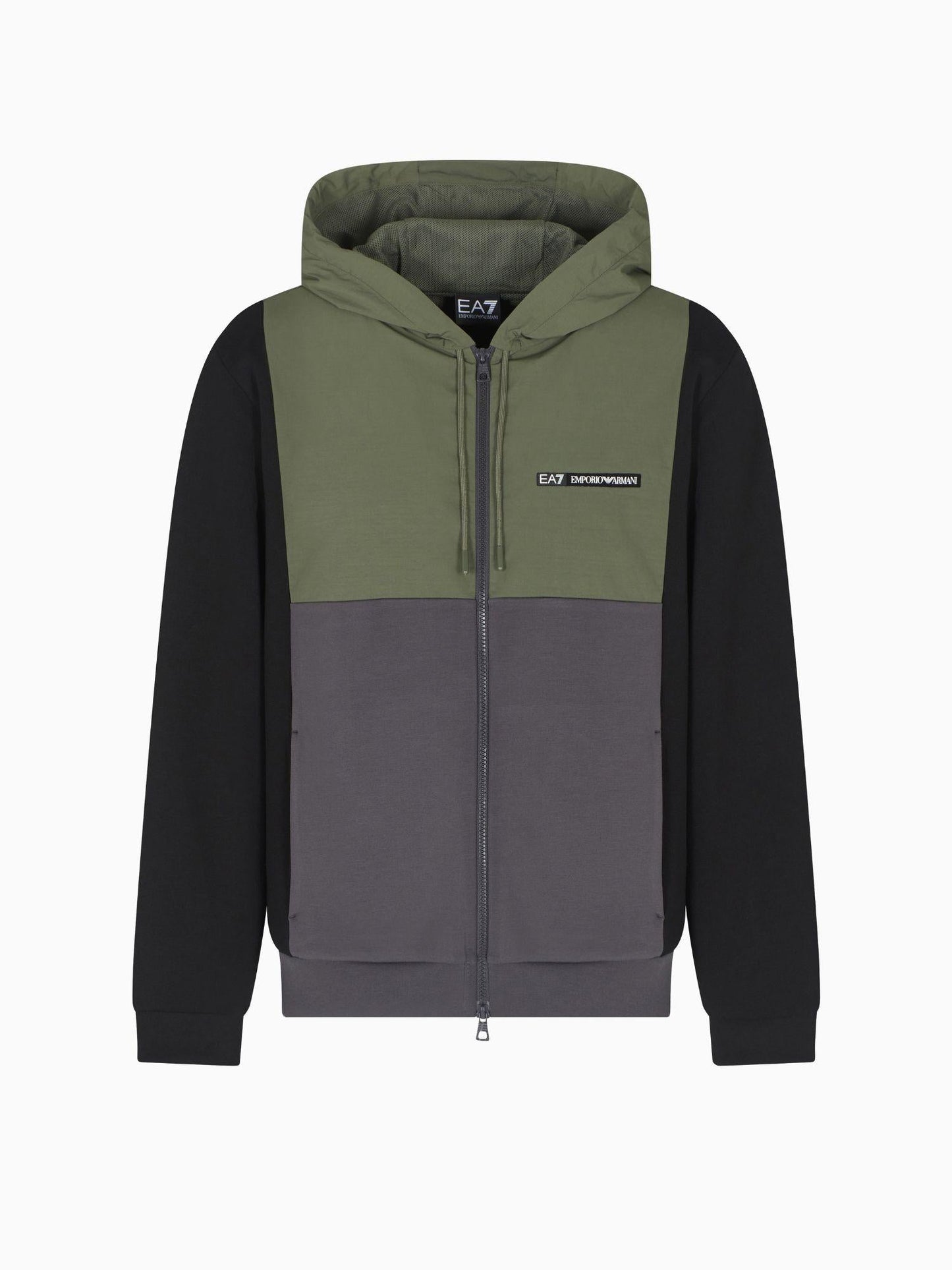 EA7 Emporio Armani Felpa Uomo Athletic Colour Block Con Cappuccio In Nylon E Misto Viscosa Verde