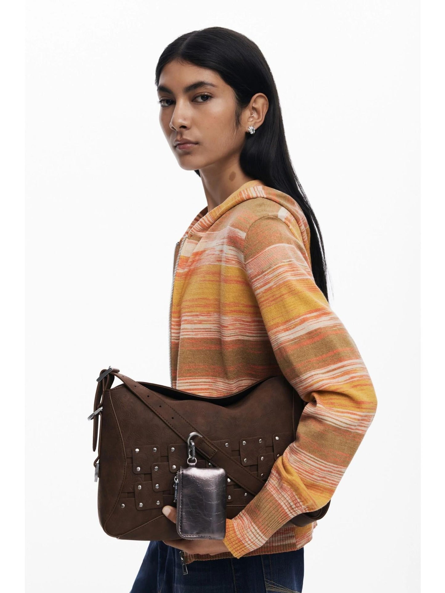 Desigual Borsa a mano media con patch e borchie Donna Marrone