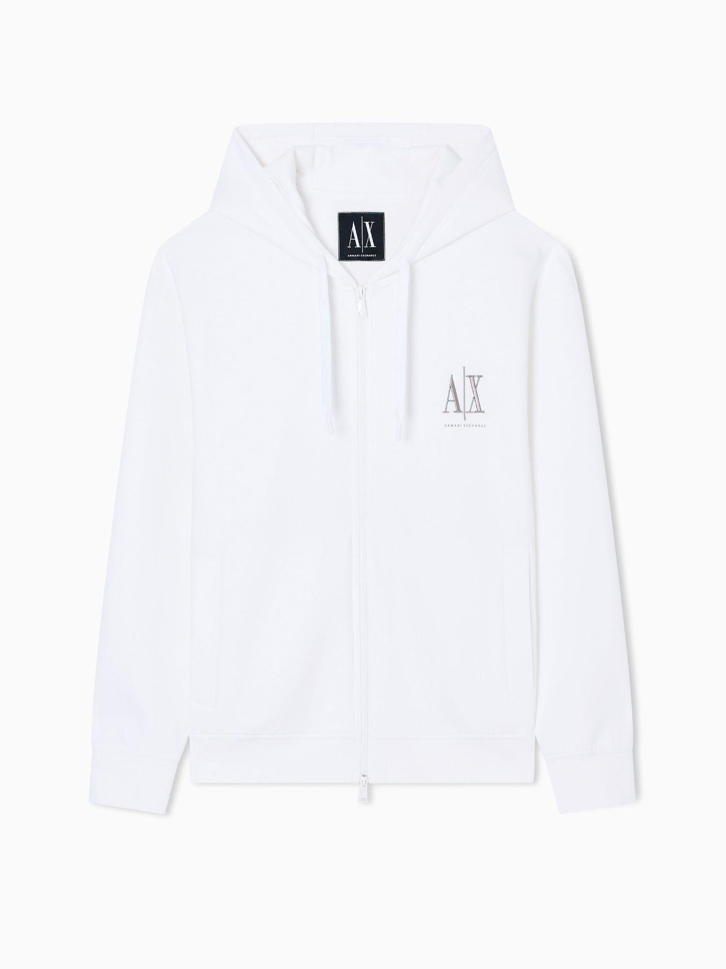 Armani Exchange felpa bianca elegante con cappuccio e zip da uomo con logo ricamato