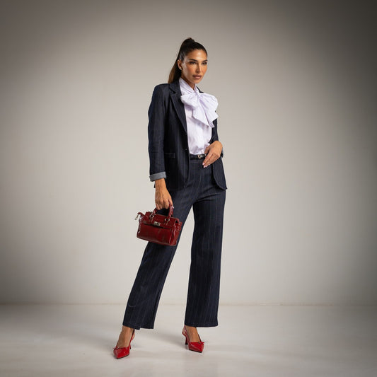PANTALONI IN DENIM A RIGHE + CINTURA