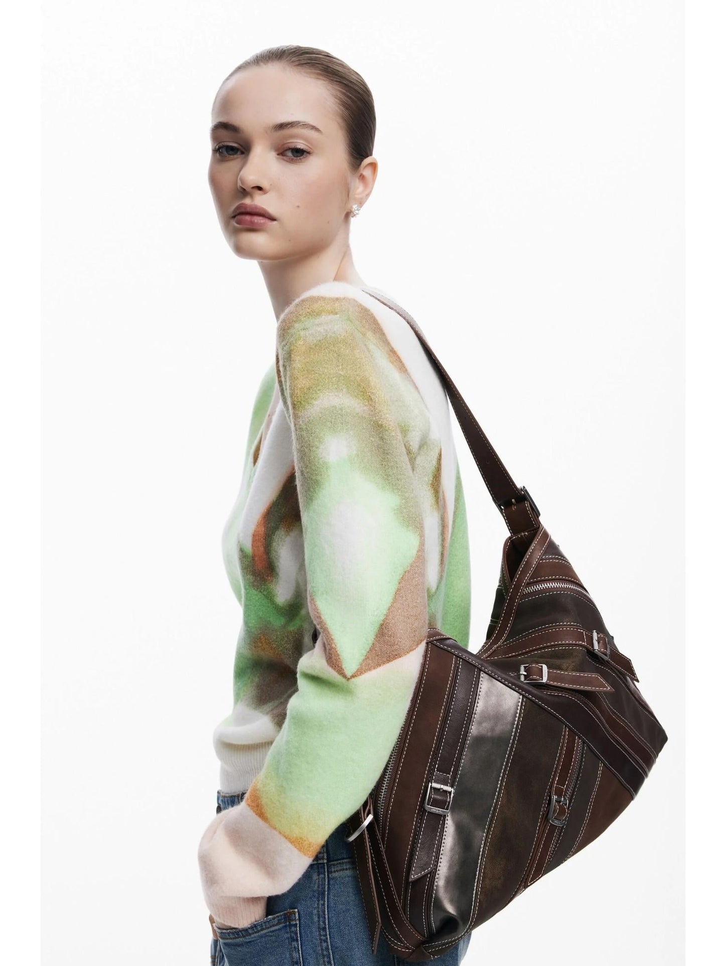 Desigual Borsa a spalla media con cuciture Donna Marrone