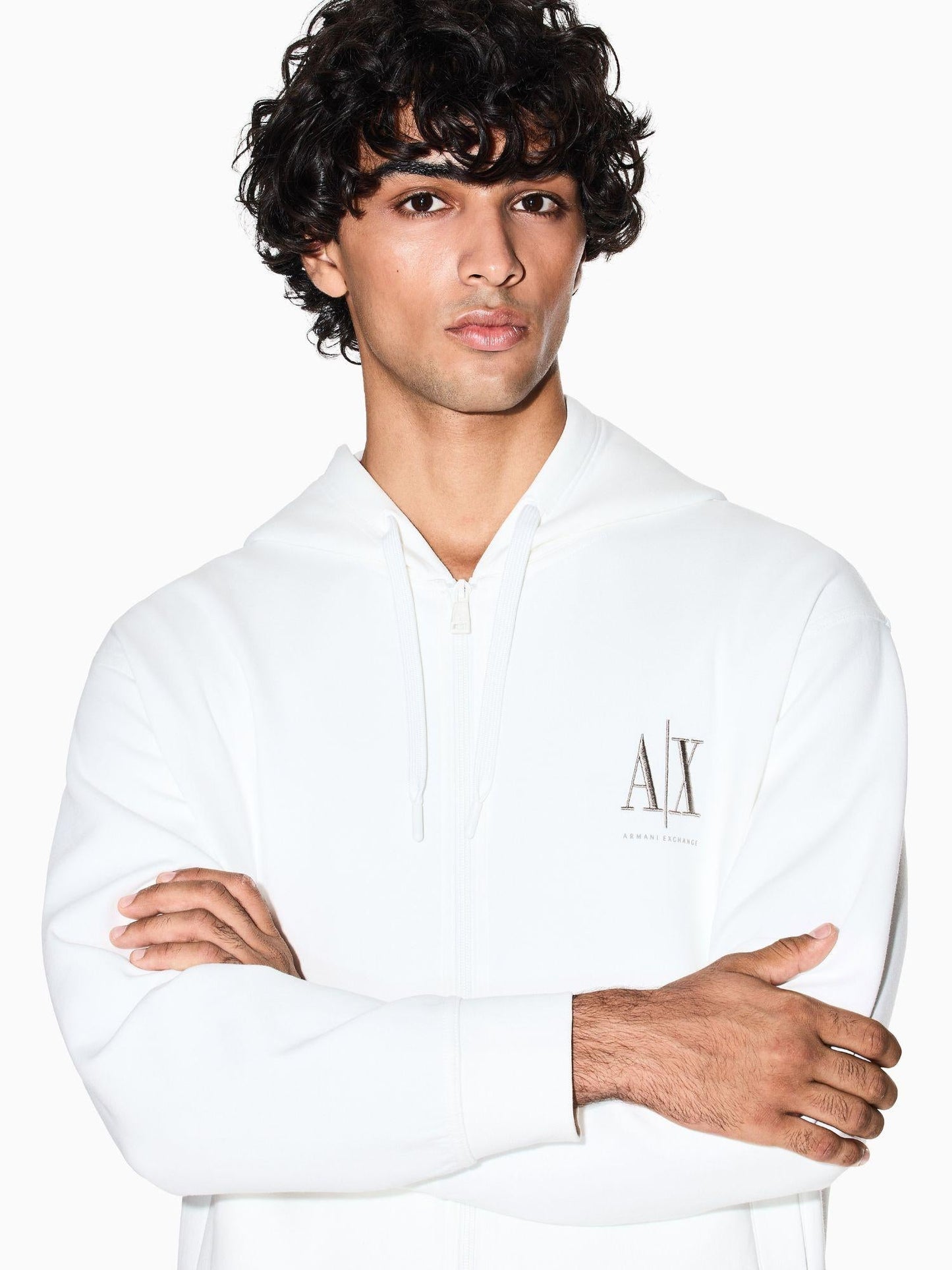 Armani Exchange felpa bianca elegante con cappuccio e zip da uomo con logo ricamato
