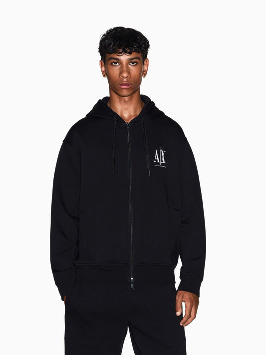 Armani Exchange Felpa con Cappuccio e Zip con Logo Ricamato Uomo Nera