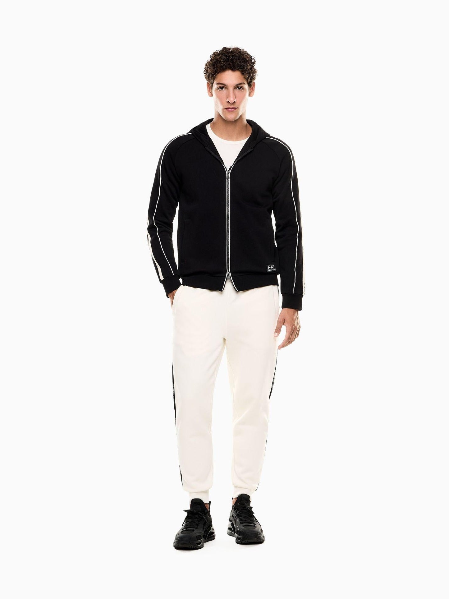 EA7 Emporio Armani Felpa Uomo Logo Series Con Cappuccio E Zip In Misto Cotone Nero