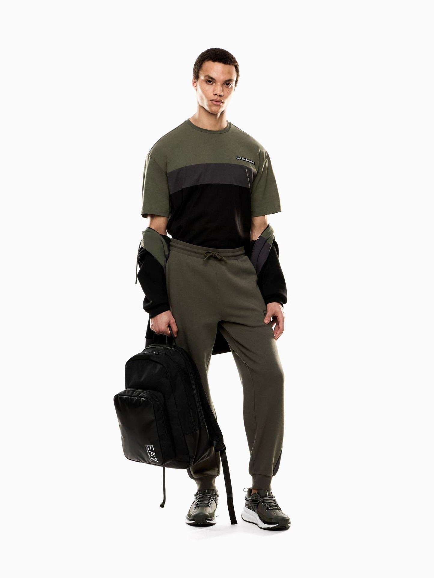 EA7 Emporio Armani Felpa Uomo Athletic Colour Block Con Cappuccio In Nylon E Misto Viscosa Verde