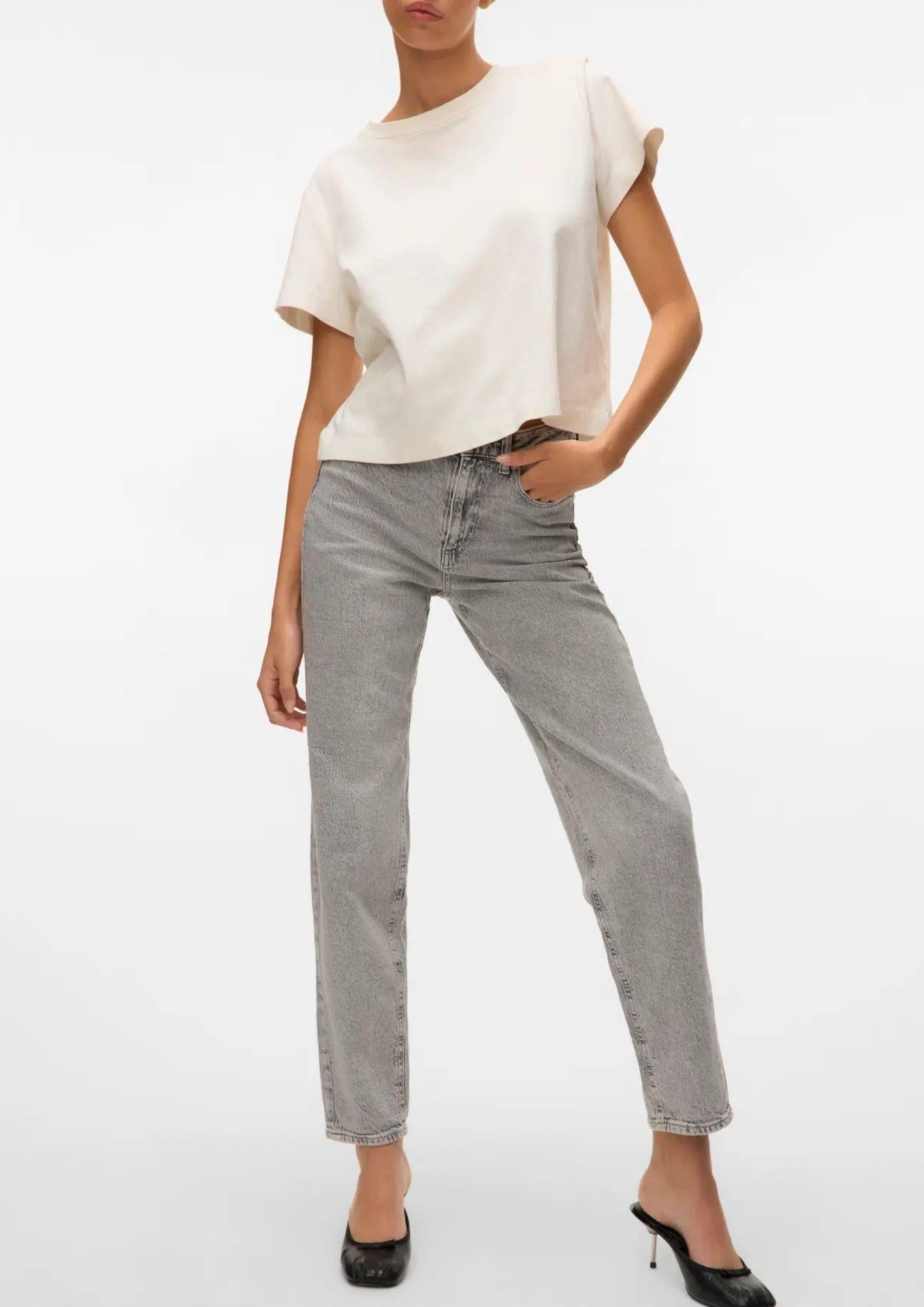 Vero Moda Jeans Donna Tessa A Vita Alta Mom Fit Grigio Chiaro Denim