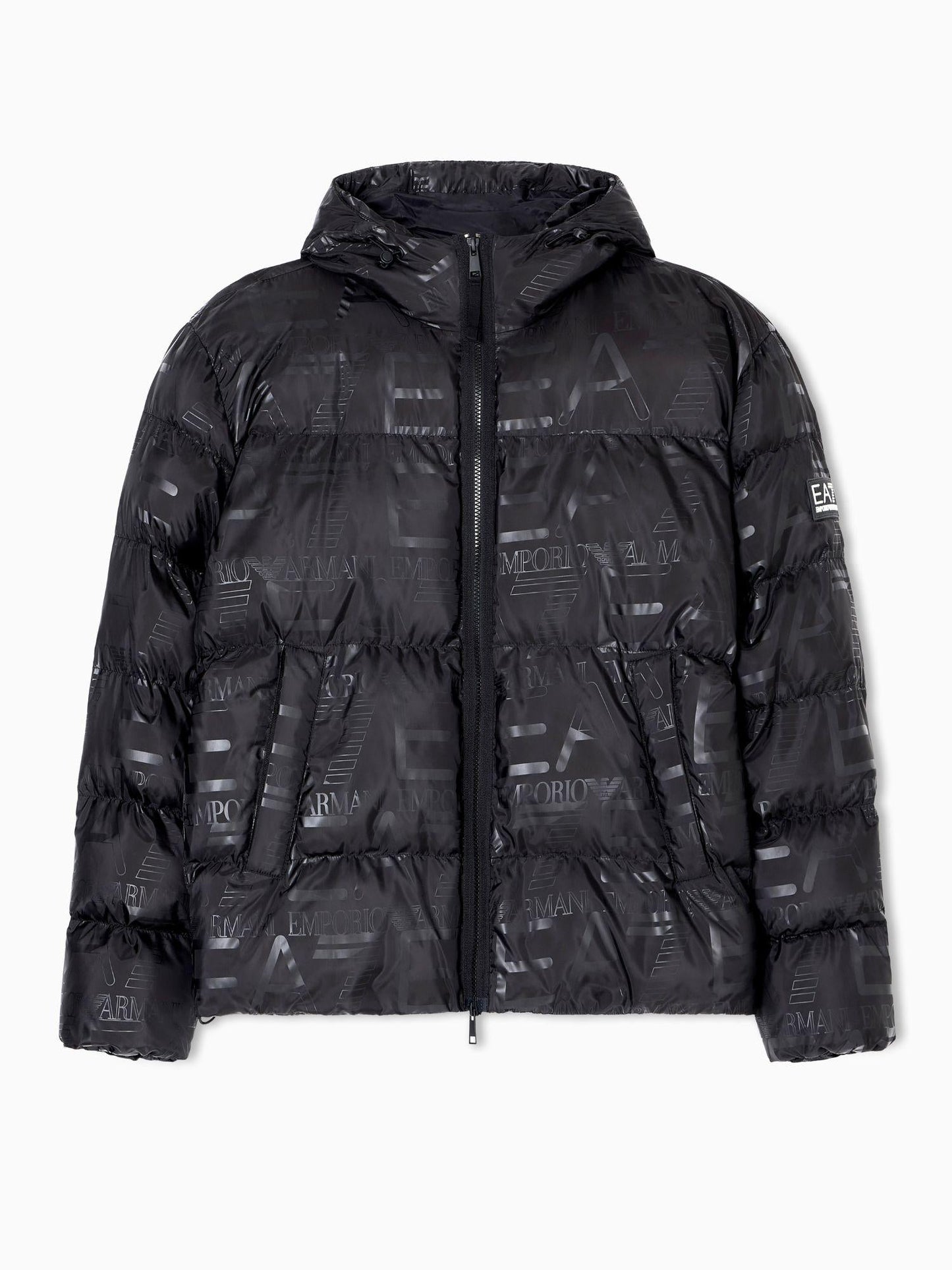 EA7 Emporio Armani Giacca Imbottita con Cappuccio Uomo Stampa Logo All-Over Nero
