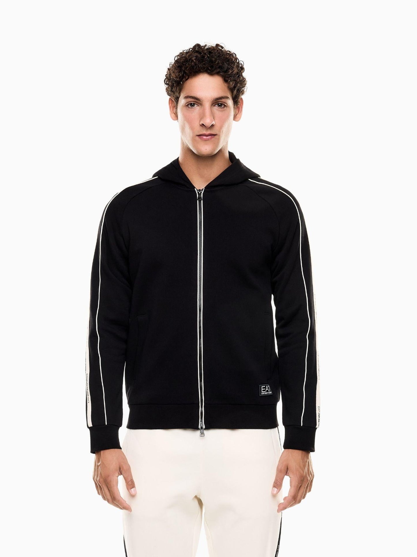 EA7 Emporio Armani Felpa Uomo Logo Series Con Cappuccio E Zip In Misto Cotone Nero
