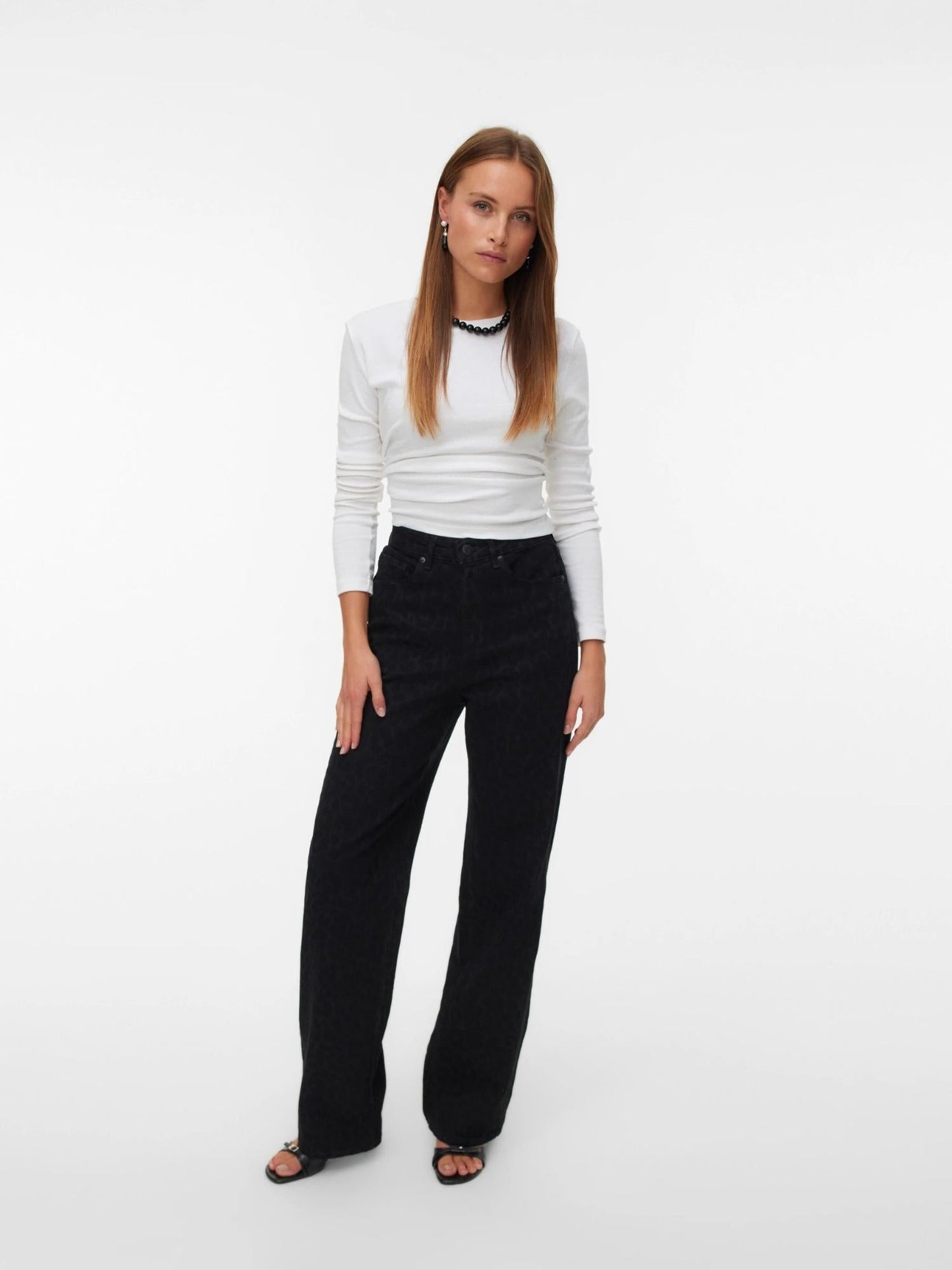 Vero Moda Jeans Donna Tessa A Vita Alta Wide Leg Fit Black Denim Leopard