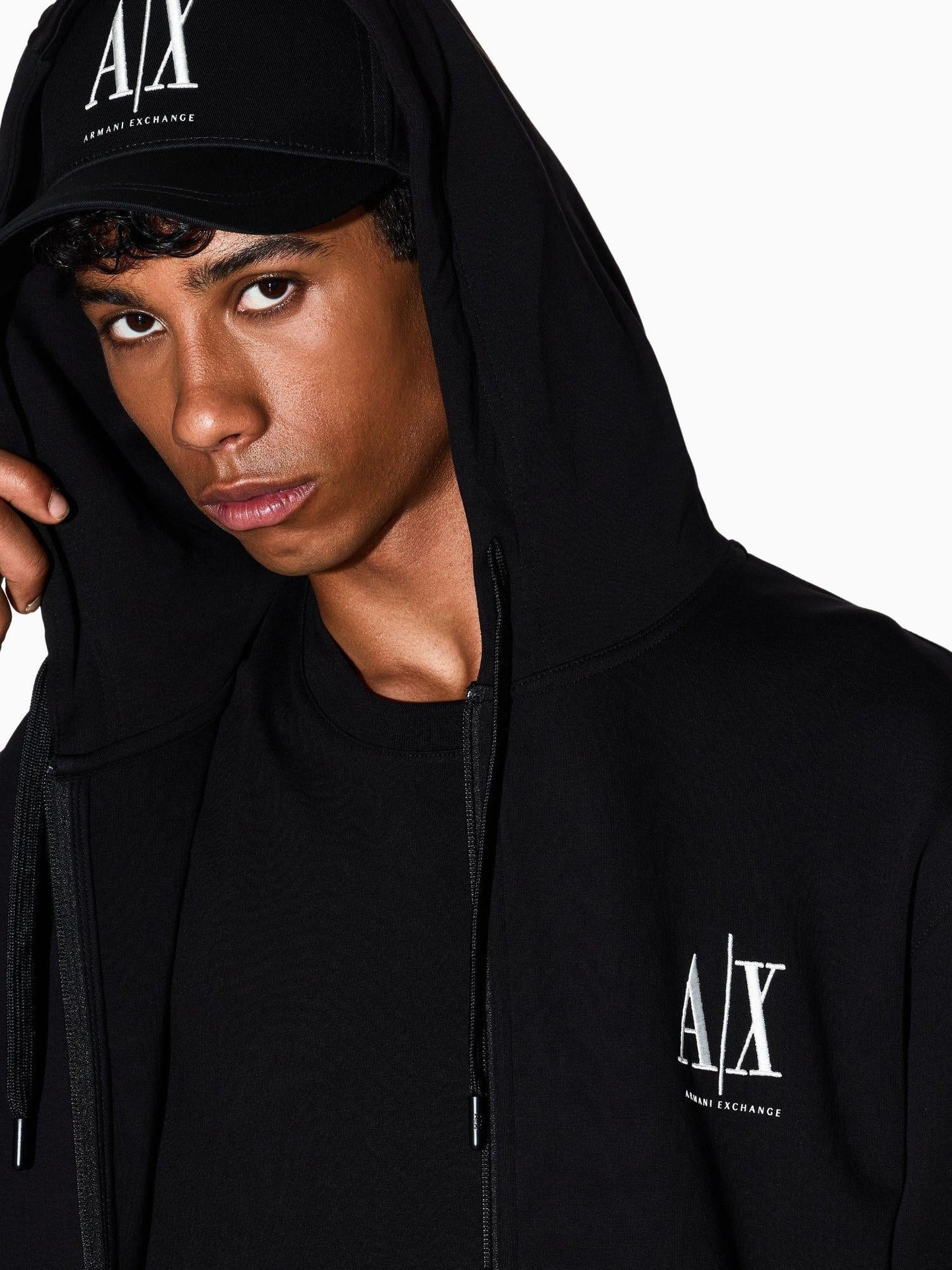 Armani Exchange Felpa con Cappuccio e Zip con Logo Ricamato Uomo Nera