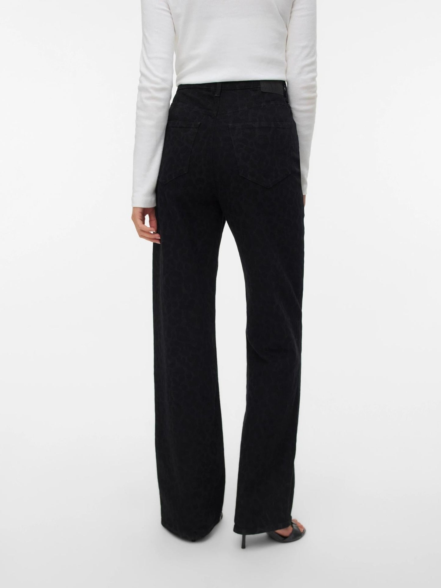 Vero Moda Jeans Donna Tessa A Vita Alta Wide Leg Fit Black Denim Leopard